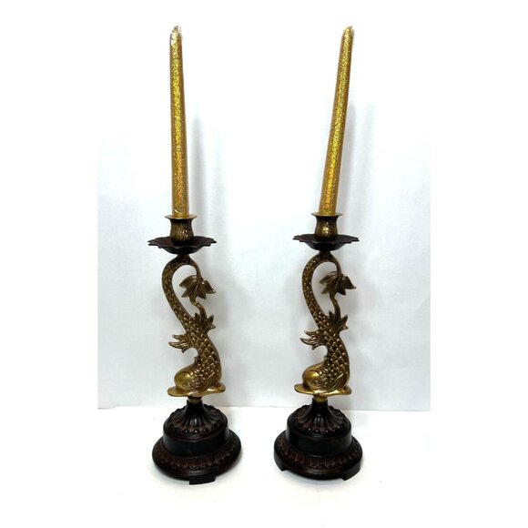 Vintage Brass Koi Dolphin Candlestick Holders Ornate Patina Base Leaf Design - Picture 1 of 7